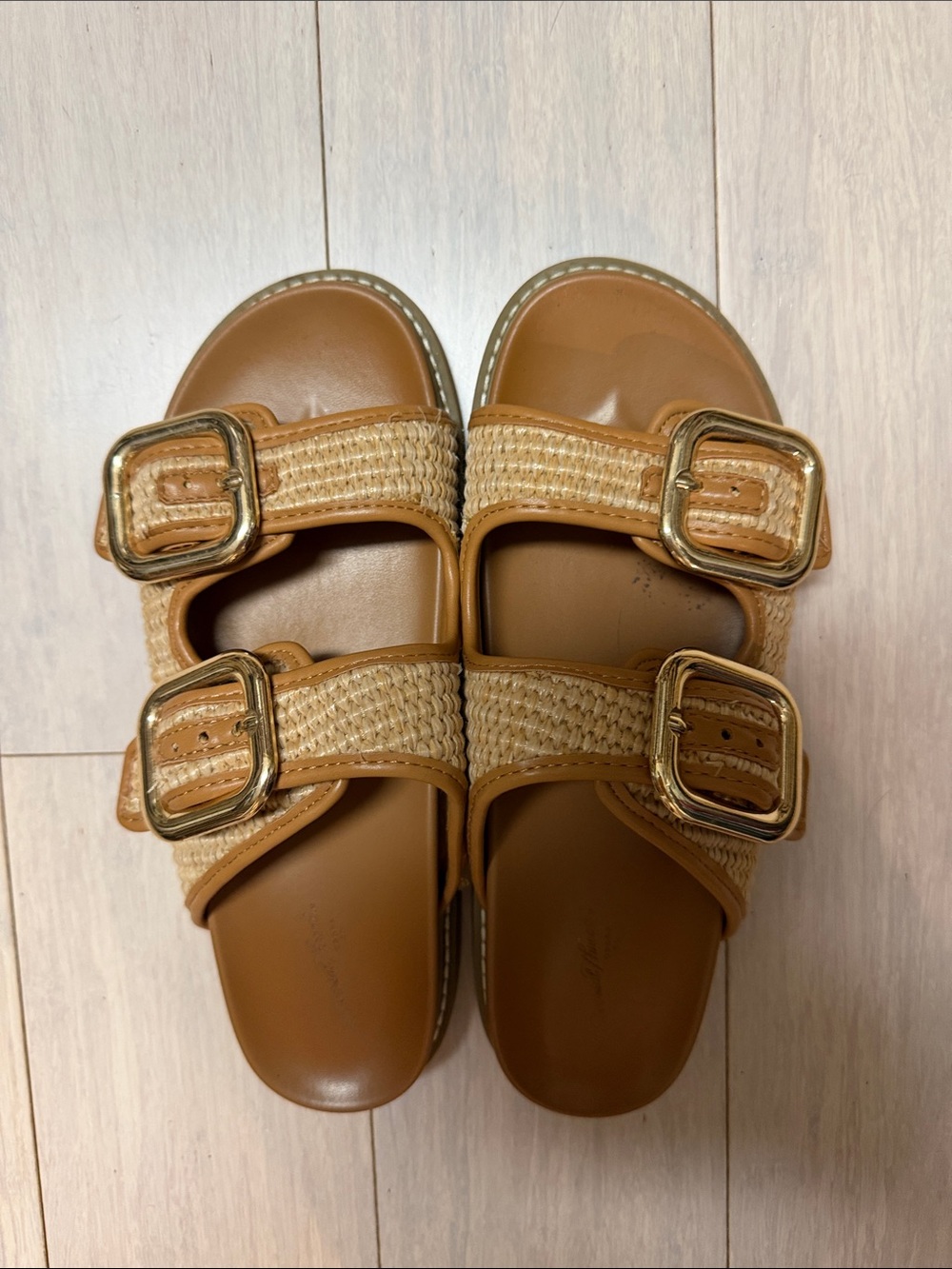 Universal Thread Tan Braided Double-Buckle Slide Sandals with Gold Buckles